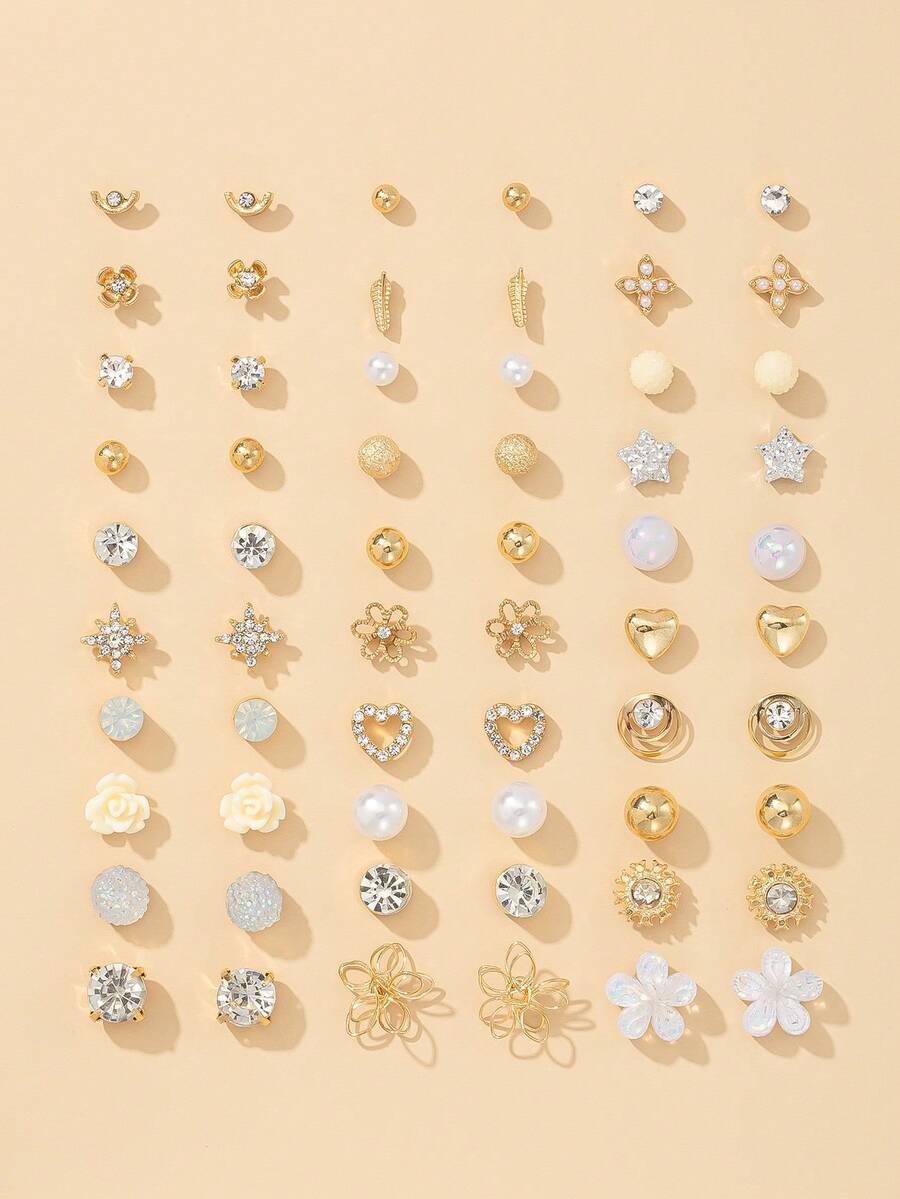 30对精致简约金属仿珍珠、水钻花朵、心形、蝴蝶结耳环套装,女士奢华礼物 - 金黃色 - 查看 1