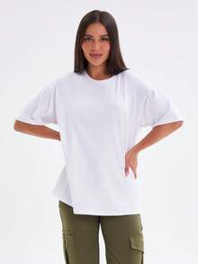 T-shirt femme uni, coupe oversize, épaules tombantes, col rond, manches courtes | 95 % coton, jersey Lycra, coupe décontractée | Haut basique ample idéal pour le streetwear, les moments de détente et le quotidien | Taille 42 | Couleur : Blanc - Blanc - Voir 1
