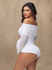 孕妇性感透视网纱露肩长袖连体裤，孕期摄影服装 - 白色 - 查看 2