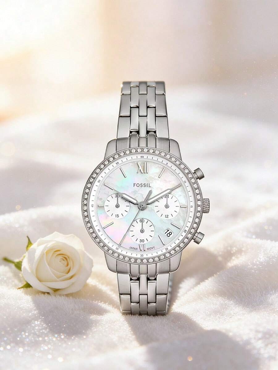Reloj de acero inoxidable con cronógrafo de tres esferas y calendario, unisex de la serie Three de FOSSIL - Blanco+Plata - Ver 1