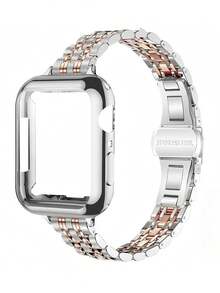 2件套双色银色玫瑰金表带表壳，兼容 38mm 40mm 41mm 42mm 44mm 45mm，奢华不锈钢表带和TPU表壳，兼容 Series 9 8 7 SE3 6 5 4 3 2 1，优雅金属表带手表保护套 - 銀間玫瑰金 - 查看 1