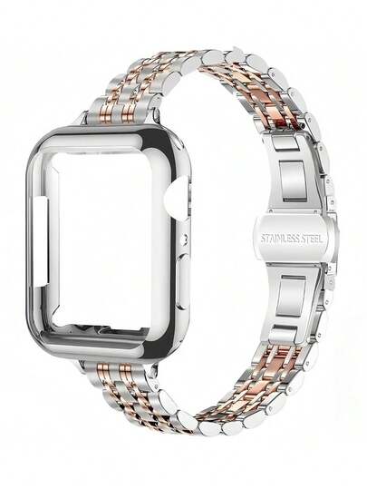 2pcs/Set Two Tone Silver Rose Gold Watch Band Watch Case Compatible With Apple Watch 38mm 40mm 41mm 42mm 44mm 45mm, Luxury Stainless Steel Watchbands & TPU Watch Case Compatible With Apple Watch Series 9 8 7 SE3 6 5 4 3 2 1, Elegant Metal Watch Strap Watch Protective Cover