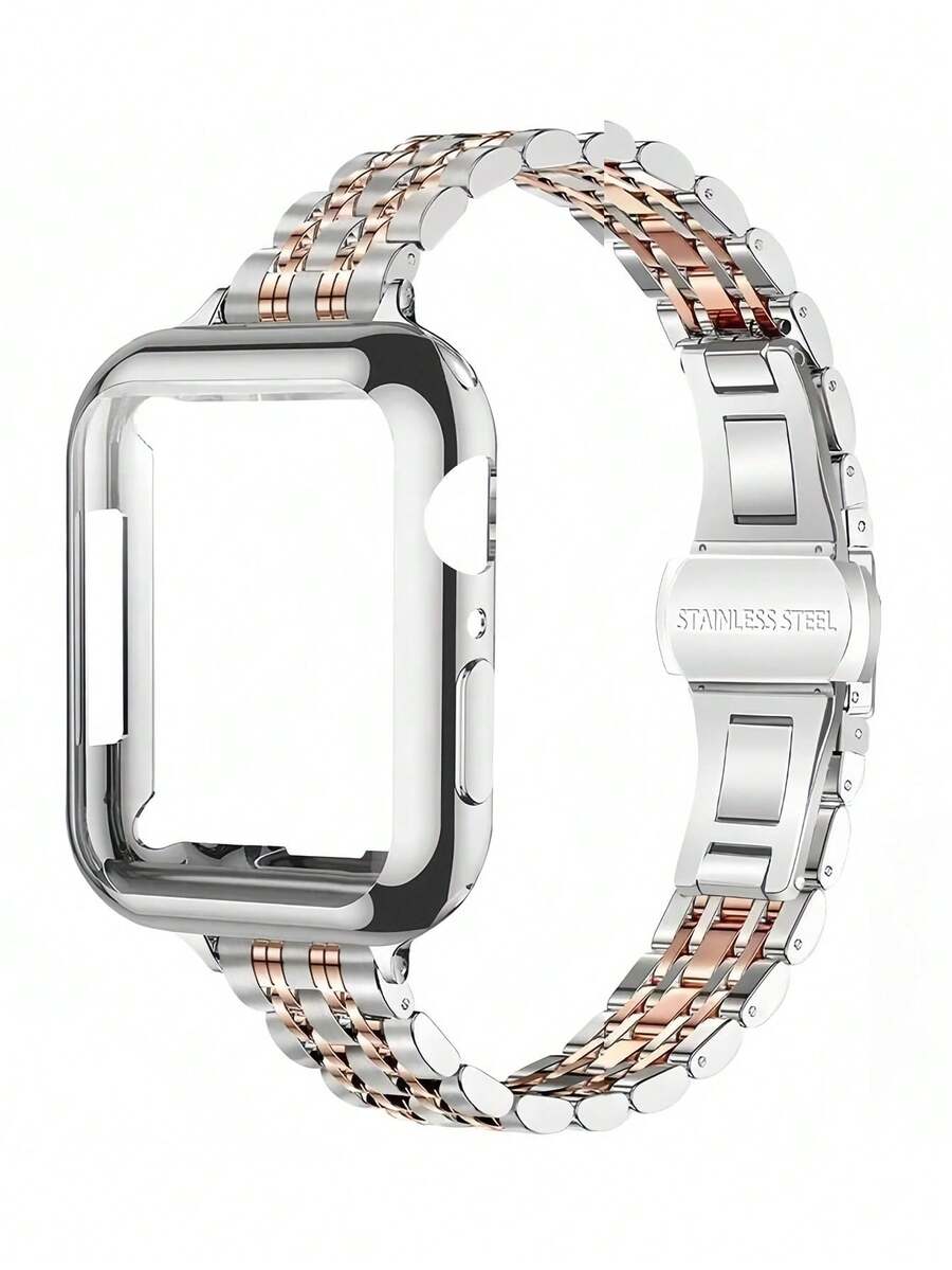 2件套双色银色玫瑰金表带表壳，兼容 38mm 40mm 41mm 42mm 44mm 45mm，奢华不锈钢表带和TPU表壳，兼容 Series 9 8 7 SE3 6 5 4 3 2 1，优雅金属表带手表保护套 - 銀間玫瑰金 - 查看 1