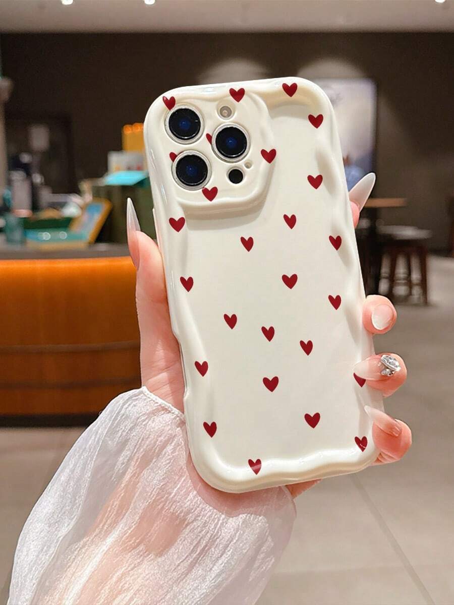 1个简约清新红色爱心图案波浪奶油色TPU手机壳，适合作为节日礼物，兼容 XS/XS Max/XR/11/12/13/14/15/15 Pro/16 Pro/16 Pro Max/16 Plus/17系列 - 彩色 - 查看 1