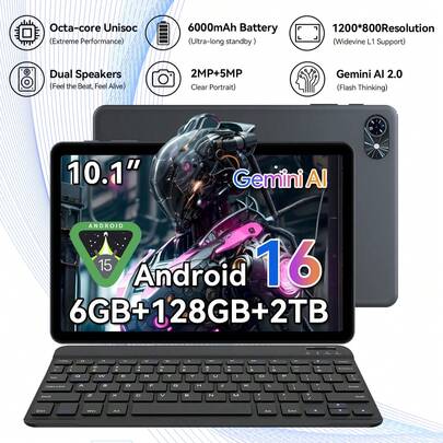 TABWEE 最新款 10.5 英寸 Android 16 平板电脑，14(6+8)GB 内存 + 128GB/2TB TF 存储，5G WiFi，2.0GHz CPU，5MP 摄像头，6000mAh 电池，GMS 认证（不含适配器）
