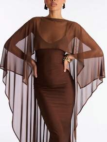 Awevudst Women High Low Capelets Shawls Wraps For Evening Dress Chiffon Cape Sheer Shawl Wedding Bridal Cape Evening Dress Capelets Bridesmaids Capelet Scarf - 深棕 - 查看 5