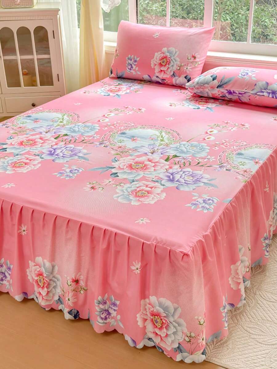 3件套（1件床裙，2件枕套）粉色中式牡丹印花大花荷叶边床裙，全覆盖防尘床罩，裙边床裙三件套，褶皱床裙配2个枕套床上用品套装