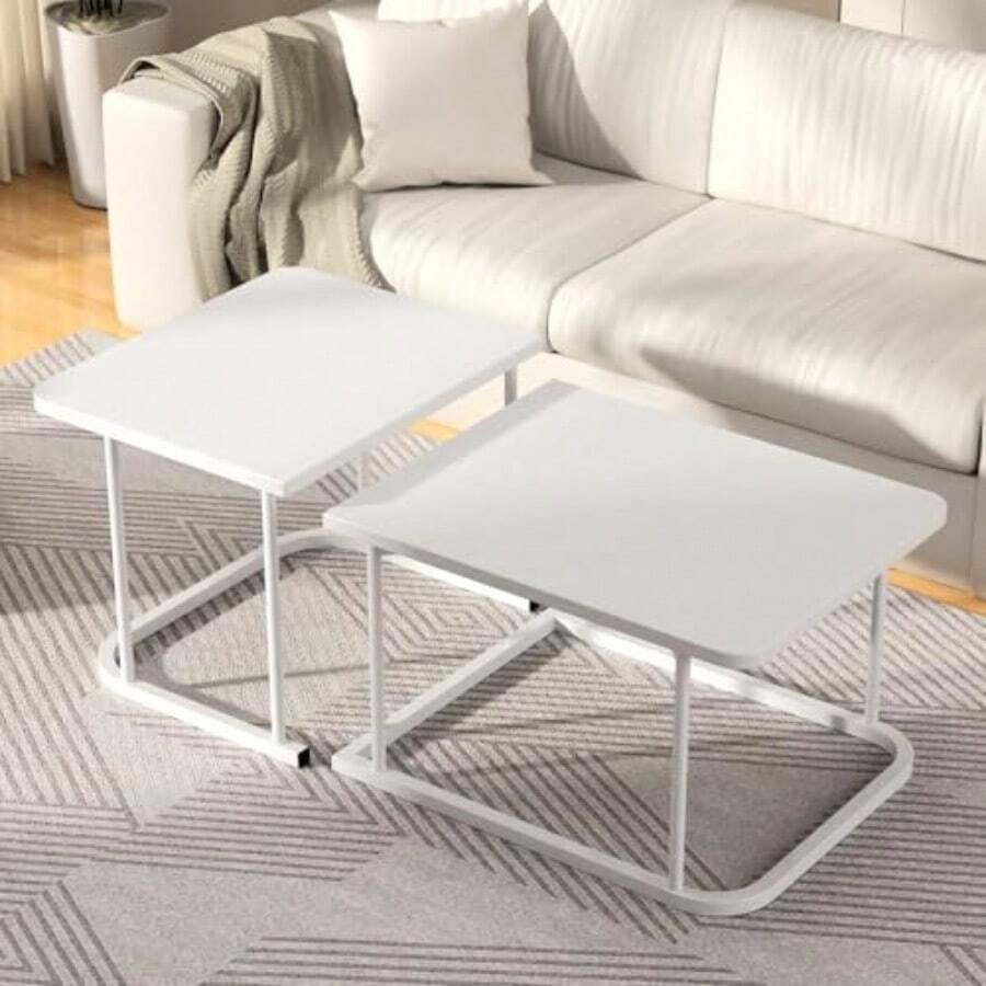 Juego de 2 Mesa de Centro para Sala Mesas Auxiliares Rectangular Estructura de Metal Resistente para Espacios Pequeños Salón Apartamento Fácil Montaje Blanco - como en la foto - Ver 1
