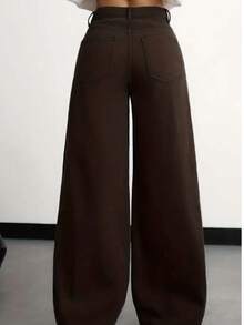 Women's Wide Leg Jeans, High Waist, Butt Lifting Design - 棕色 - 查看 2