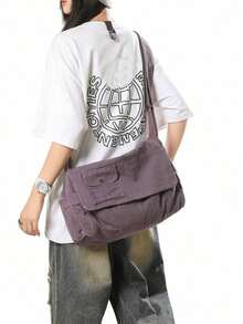 Vintage Minimalist Flip Cover Shoulder Bag Thick Washed Canvas Bag Casual Versatile Large Capacity American Messenger Bag College University Student School Backpack Short Trip Travel Bag Simple Street Style Multi-Pocket , Purple - 黑色 3 - 查看 7