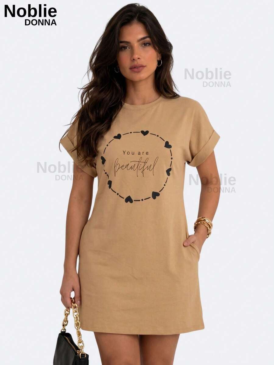 Women's Cotton T-Shirt Dress Printed Casual Loose 100% Cotton - Màu be - Xem 1