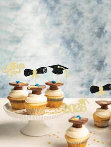 12pcs Congrats Grad 2026 Cake Toppers - Graduation Diploma & Cap Cake Decorations For High School, College 2026 Graduation Party - Gold - View 4