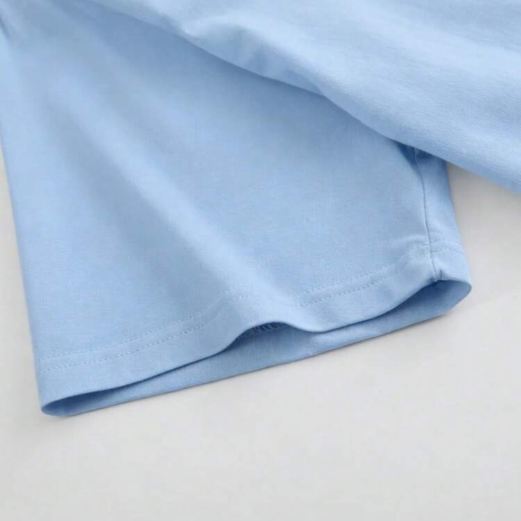 (220 Cotton-Shirt)    Men's Summer Round Neck Short Sleeved Casual Cotton Print   LetterComfortable Cotton - 藍色 - 查看 5