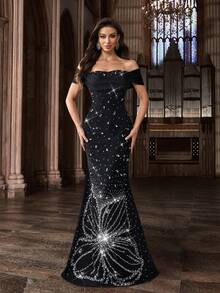 QOQ Women Off Shoulder Satin Mermaid Evening Gown Rhinestone Floral Pattern Formal Maxi Dress For Wedding Guest Prom Gala Banquet Party Cocktail - Black - View 3