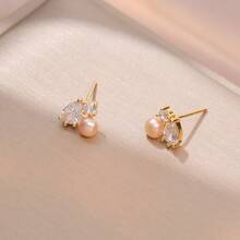 3 Pairs Delicate Pearl Stud Earrings, Zirconia Earrings, Unique Heart & Tulip Design Earrings, Versatile For Work And Daily Wear - Multicolor - View 11