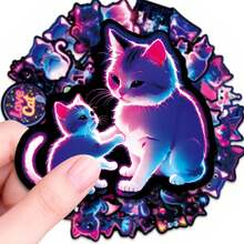 56张霓虹猫咪贴纸，酷炫粉蓝荧光猫咪防水乙烯基贴纸，适用于水瓶、笔记本电脑、滑板、手机壳、笔记本、吉他、日记本、DIY手工等，美观大方，适合青少年、成人、学生，完美个性化日常用品和装饰背包，易于撕取。 - 彩色 - 查看 6