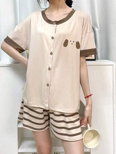 Conjunto de pijama de 2 piezas para mujer, con estampado de orejas de perro lindo de cuello redondo, pantalones cortos a rayas, cómodo y casual, adecuado para primavera/verano, apropiado para ocio en casa, tela de fácil cuidado