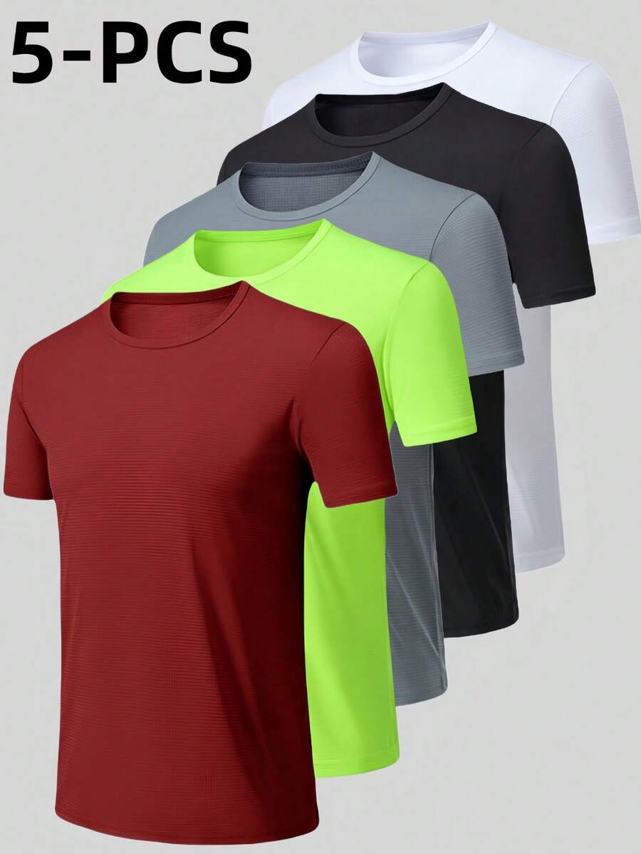 5pcs/Set Men's Quick-Dry Lightweight Short Sleeve, Round Neck Solid Color Breathable T-Shirt Suitable For Cycling, Outdoor, Gym, Running, Outdoor Activities - Multicolor - View 1