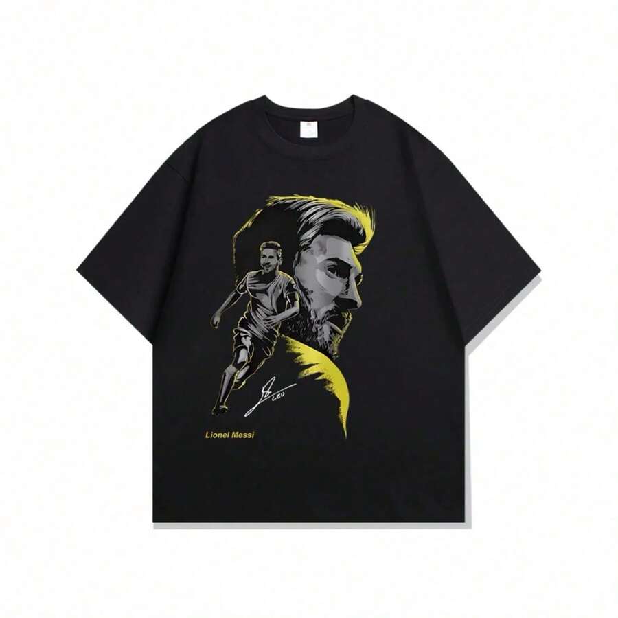 Messis Minimalist Art Graphic T-Shirt Soccer Star Fan Casual Short Sleeve - màu đen - Xem 1