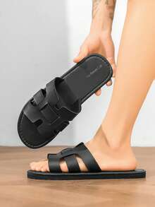 Chinelos H de alta gama para homem do Médio Oriente, chinelos de tira plana do Sudeste Asiático, sandálias casuais antiderrapantes para exterior, sapatos de praia de tamanho grande, cor sólida para praia - Preto - Ver 10