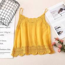 Camiseta de verano de mujer con diseño vintage, casual y holgada, de unicolor, con bordados y encaje calado - Amarillo - Ver 3