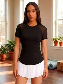 Women's Solid Color Breathable Mesh Splice Short Sleeve Activewear Top, Lightweight Stretchy Fitness Running Training Tee, Casual Outdoor Workout Yoga Shirt Sports - Black - View 3