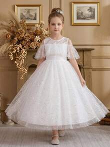 Váy maxi ren trắng sequin vải tuyn cho bé gái tuổi teen, váy công chúa thanh lịch cho đám cưới, tiệc sinh nhật, dạ hội, phù dâu, lễ kỷ niệm ngày lễ - trắng - Xem 5