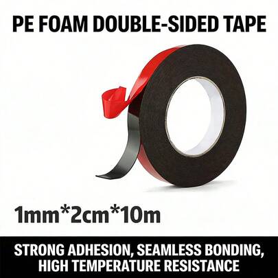 PE Foam Double Sided Tape, 1mm X 2cm X 10m Heavy Duty Black Foam Tape, Strong Adhesive Waterproof Heat Resistant No Residue Mounting Tape For Car Home Decor & DIY Projects