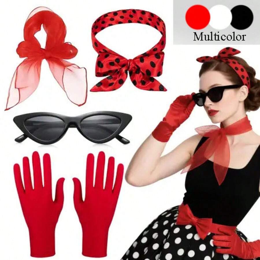Bộ phụ kiện nữ phong cách cổ điển thập niên 40-50 (1/4/6 món), bao gồm khăn quàng cổ, kính mắt mèo, băng đô chấm bi và găng tay, phù hợp cho tiệc theo chủ đề thập niên 50, trang phục Halloween, lễ hội hóa trang, mặc hàng ngày và các sự kiện theo chủ đề. - Bộ đồ cổ điển - Xem 1