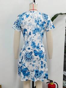 iones, campamento, playa, fotografía, baile, de cóctel, compras.Cuello redondo, manga corta, cintura ceñida, falda acampanada hasta la pantorrilla, elegante y chic para ir y ocasiones - Azul - Ver 5