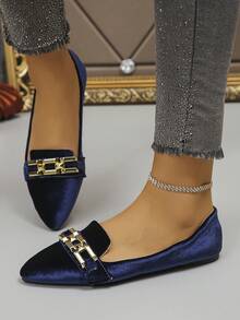 女款尖頭低楦平底樂福鞋 秋季新款 戶外日常開車鞋 時尚布面軟底工作鞋 舒適百搭易穿脫 不累腳 適合搭配裙裝 輕盈透氣 優雅辦公鞋 全季節適用 母親節禮物 齋月開齋節/宰牲節 - 藏藍色金絲絨-方扣鏈條 - 查看 3