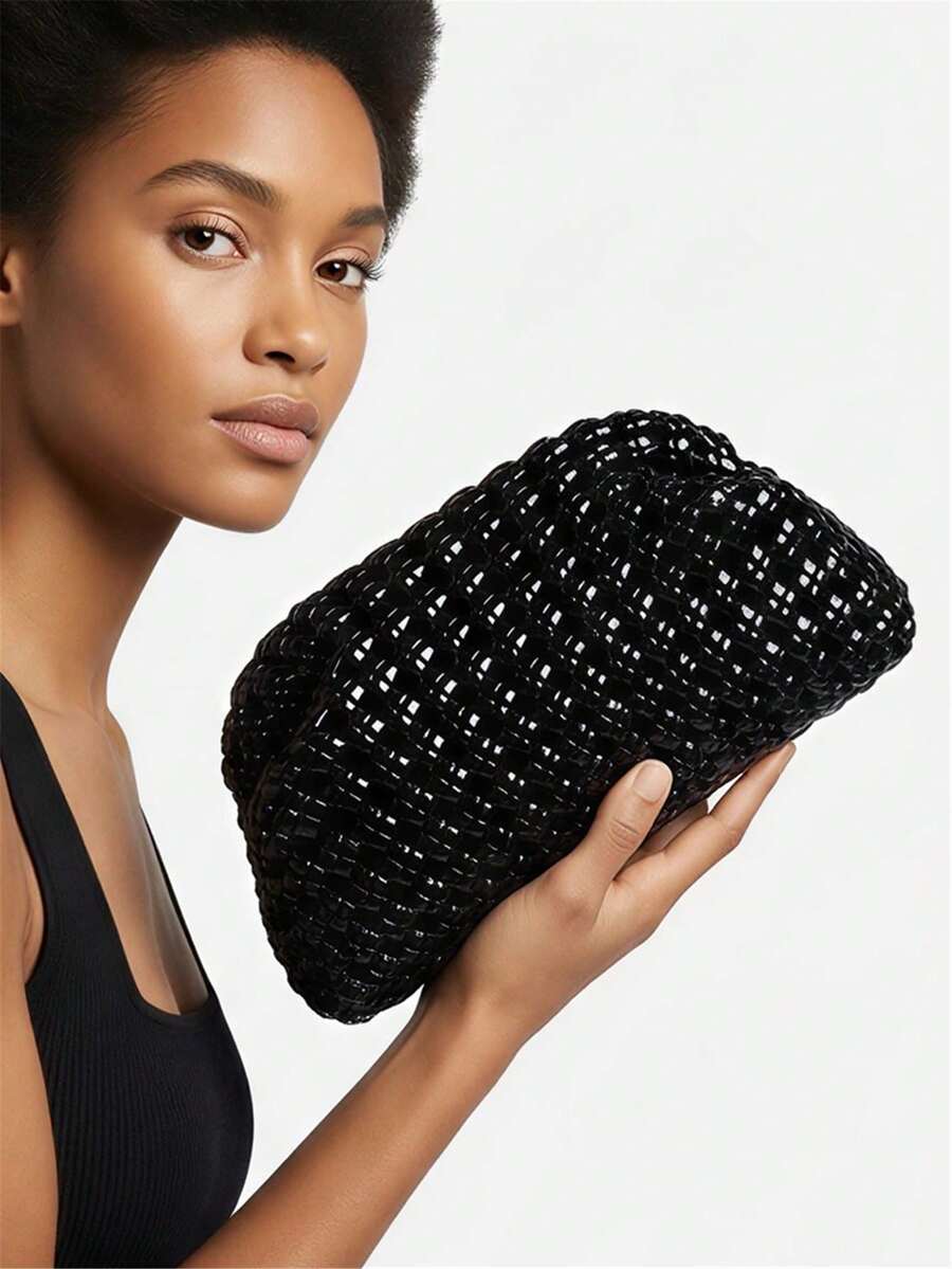 Medium Silver Black Gold Braided Crossbody Bag With Chain - Black - View 1