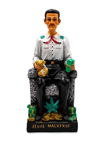 Estatua Decorativa Jesús Malverde Sentado en Trono de Lujo con Símbolos de Abundancia, Figura de Resina Coleccionable para la Prosperidad, Protección del Hogar, Negocios y Meditación de Causas Difíciles (25cm)
