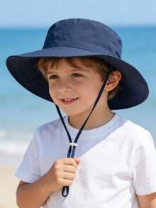 2 piezas Sombrero de sol para niños de unicolor con estampado de dinosaurio y correa para la barbilla, sombrero de cubo de protección solar de verano para la playa - Cara sonriente azul marino y gris - Ver 4