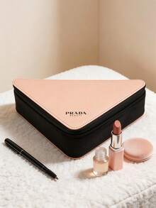 Prada Pink Triangle Shape Large Capacity Cosmetic Bag, Travel Toiletry Organizer Pouch With Zipper - Black and Pink - View 6