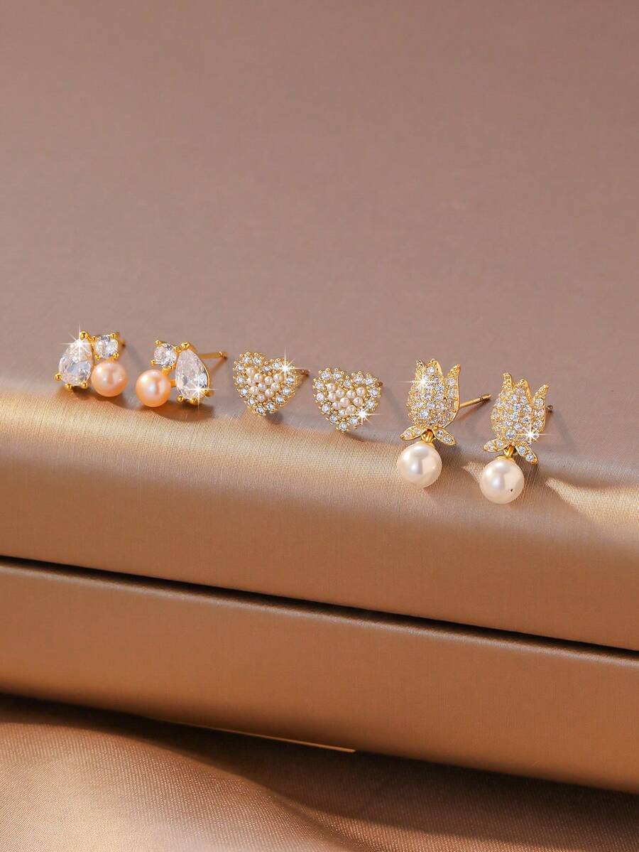 3 Pairs Delicate Pearl Stud Earrings, Zirconia Earrings, Unique Heart & Tulip Design Earrings, Versatile For Work And Daily Wear - Multicolor - View 1