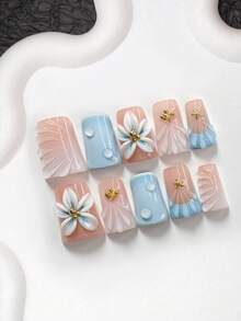 10pcs Ocean Embossed Handmade Nail Art Set, Including Gel Nail Kit, Starfish & Mini Gold Bead Nail Decor, Handmade 5-Petal Flower & Shell Embossed Nail Art, Blue Nail Polish, Fresh Summer Style, Comes With Nail Tools (1 Jelly Sticker + 1 Nail File), 3 Sizes Suitable For Almond, Duck, Coffin Nails, Suitable For Party, Daily, Party, Photography, Spring/Summer Commute - Multicolor - View 15