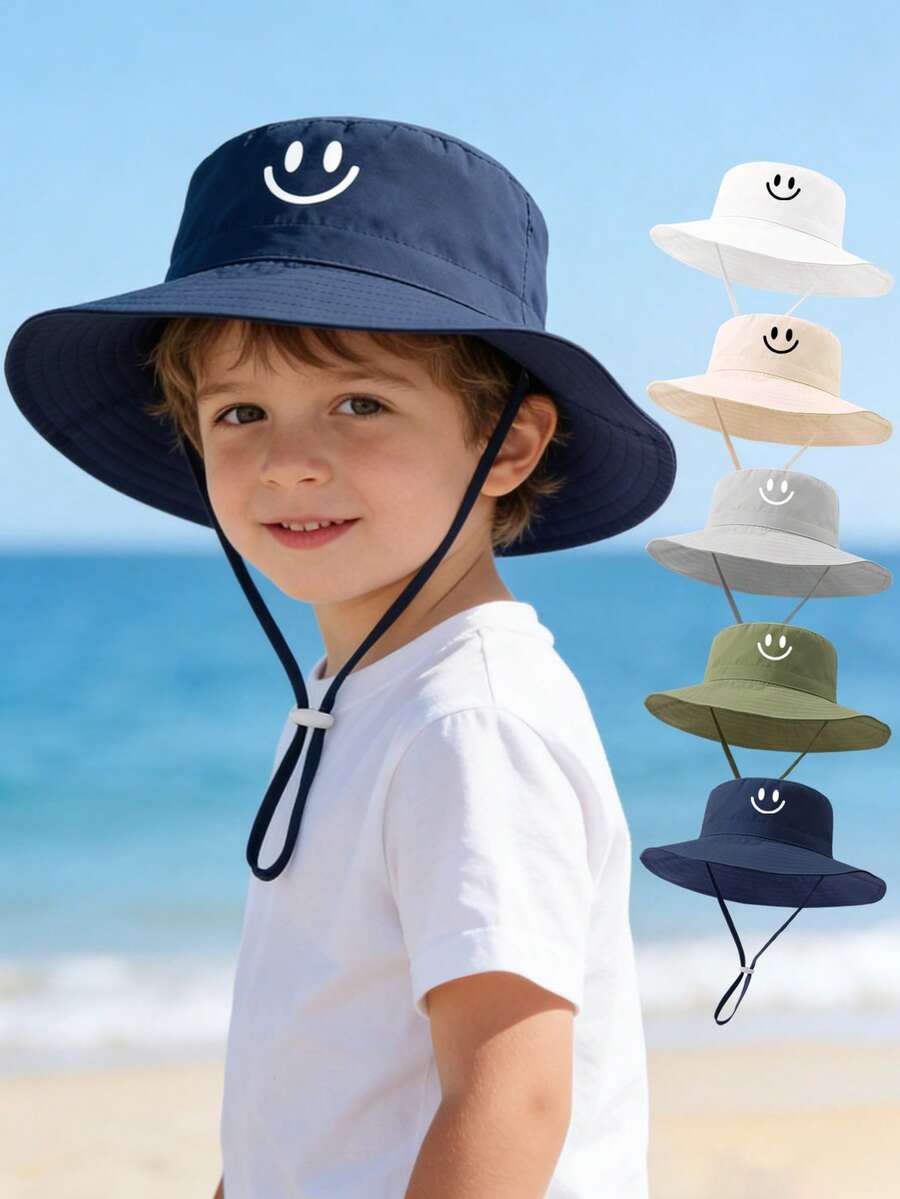 1pc Kids Cute Smiling Face Print Bucket Hat, Wide Brim Sun Protection Hat With Adjustable Chin Strap, Breathable Sun Hat Suitable For Toddler Boys - 1PC - View 1