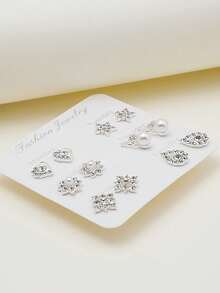 1 Card/6 Pairs Rhinestone Geometric Earrings, Heart, Flower, Butterfly, Pentagram, Waterdrop Stud Earrings, Full Rhinestone, Suitable For Women's Daily Wear - Silver - View 2