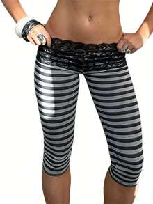 Womens Lace Trim Plain 3/4 Leggings Gym Stretch Capri Cropped Jogging Pants - Màu xám đen - Xem 5