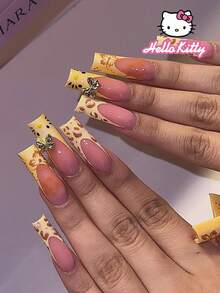 SANRIO 24片Y2K风格中号方形3D豹纹法式美甲贴纸，包含银色蝴蝶结和秋季花朵装饰设计，粉色少女风，完美适用于亚克力假指甲，附赠1瓶凝胶胶水和1把指甲锉，适合女性和女孩日常派对使用。 - 彩色 - 查看 1