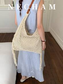 1个波西米亚风钩编草编手提包，带流苏设计，大容量腋下包，适合夏季度假和通勤。 - 白色 - 查看 2