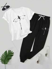 Bộ 2 món nữ size lớn áo thun thể thao cổ chữ V + quần dài túi dây rút phong cách thường ngày thanh lịch - Đen và trắng - Xem 3