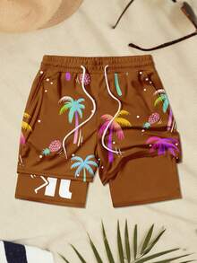 Men's Elastic Waist Drawstring Casual Loose Creative Pattern Double-Layer Beach Shorts - Brown - View 2