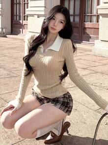 Autumn/Winter Sweet & Sexy Dark Color Contrast Rib Knit V-Neck Fitted Long Sleeve Women Sweater, Suitable For Christmas, New Year, Outings, Commuting, Dates - Khaki - View 6