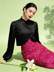 1pc Women's Elegant Asymmetric/Asymmetrical Long Sleeve Blouse, Solid Black Color, Spring/Summer - Black - View 3