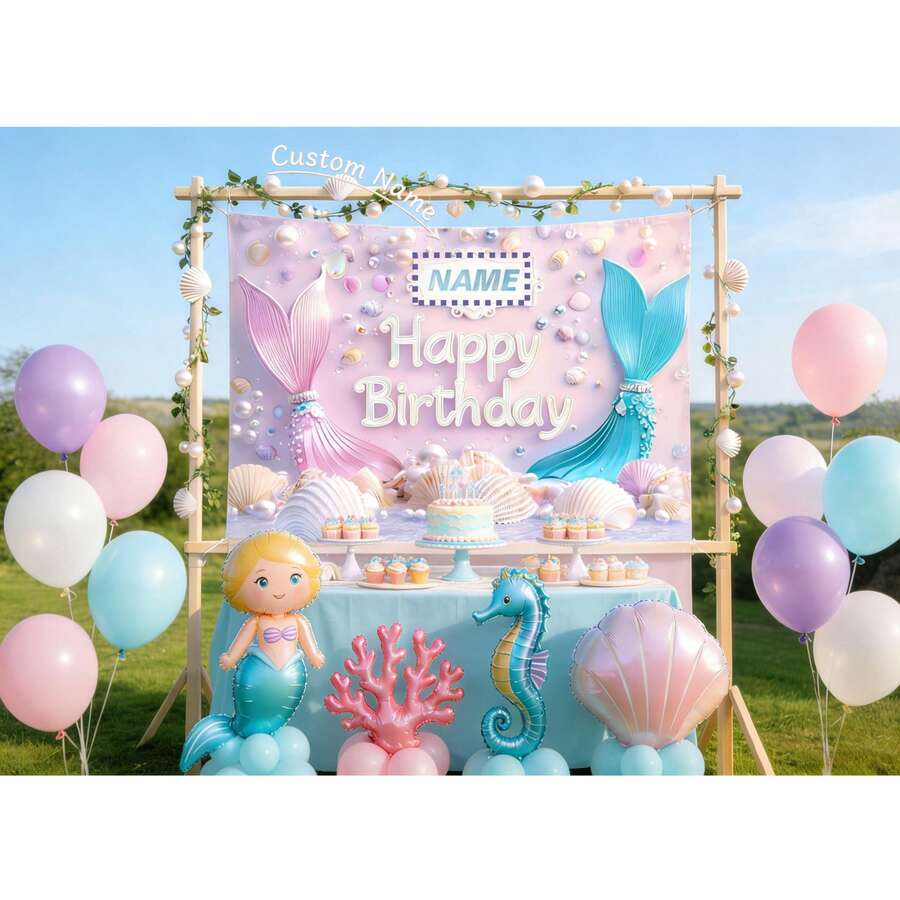 1 pieza Fondo personalizable con tema de sirena soñadora para fiesta de cumpleaños, cola de sirena rosa y azul con diseño de conchas de perlas falsas de colores, nombre personalizado con tema de sirena para decoración de fotografía de pastel de cumpleaños, actividad artística para niños - Morado - Ver 1