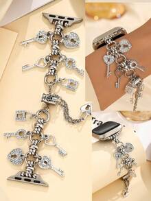 Cute Y2K Style Chain Pendant Strap, Rhinestone Heart Lock Chain Strap, Fit For Apple Watch 38/40/41/42/44/45/46/49mm, Fit For Ultra/SE/Series 1-11, Bohemian Jewelry, Summer Bracelet Pendant, Women Accessories, Mother's Day Gift, Silver - Silver - View 9