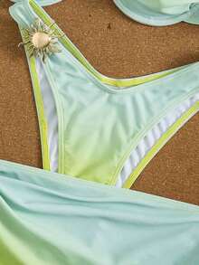 Conjunto de traje de baño tipo tankini de 3 piezas de unicolor, con diseño de tirantes anchos y con aros para un soporte cómodo, estilo de playa de moda, perfecto para vacaciones en la playa y fiestas en la piscina durante el verano - Verde degradado - Ver 7