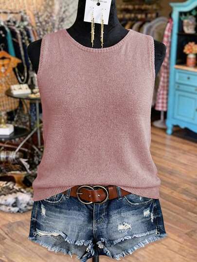 Gilet in maglia tinta unita da donna, stile retrò giapponese, adatto per stratificazioni, casual per vacanze estive, versatile, ideale per abbigliamento autunnale, stile minimalista retrò multicolore da festival musicale, tipo divisa scolastica, top corto, rosa, natalizio